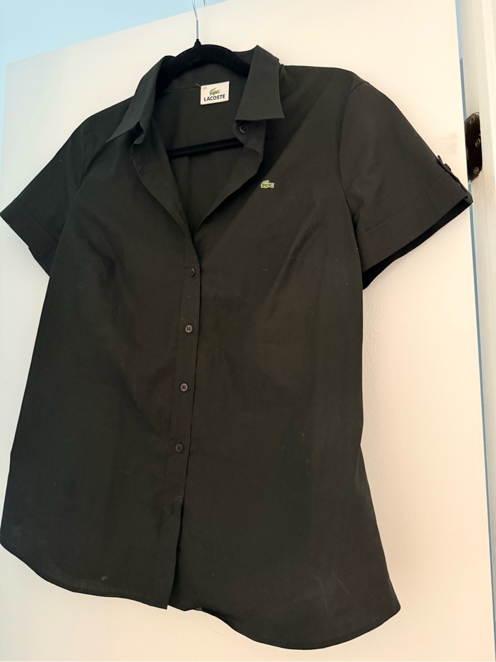 Lacoste women’s  Black Short-Sleeve Button-Down Shirt with Green Logo
